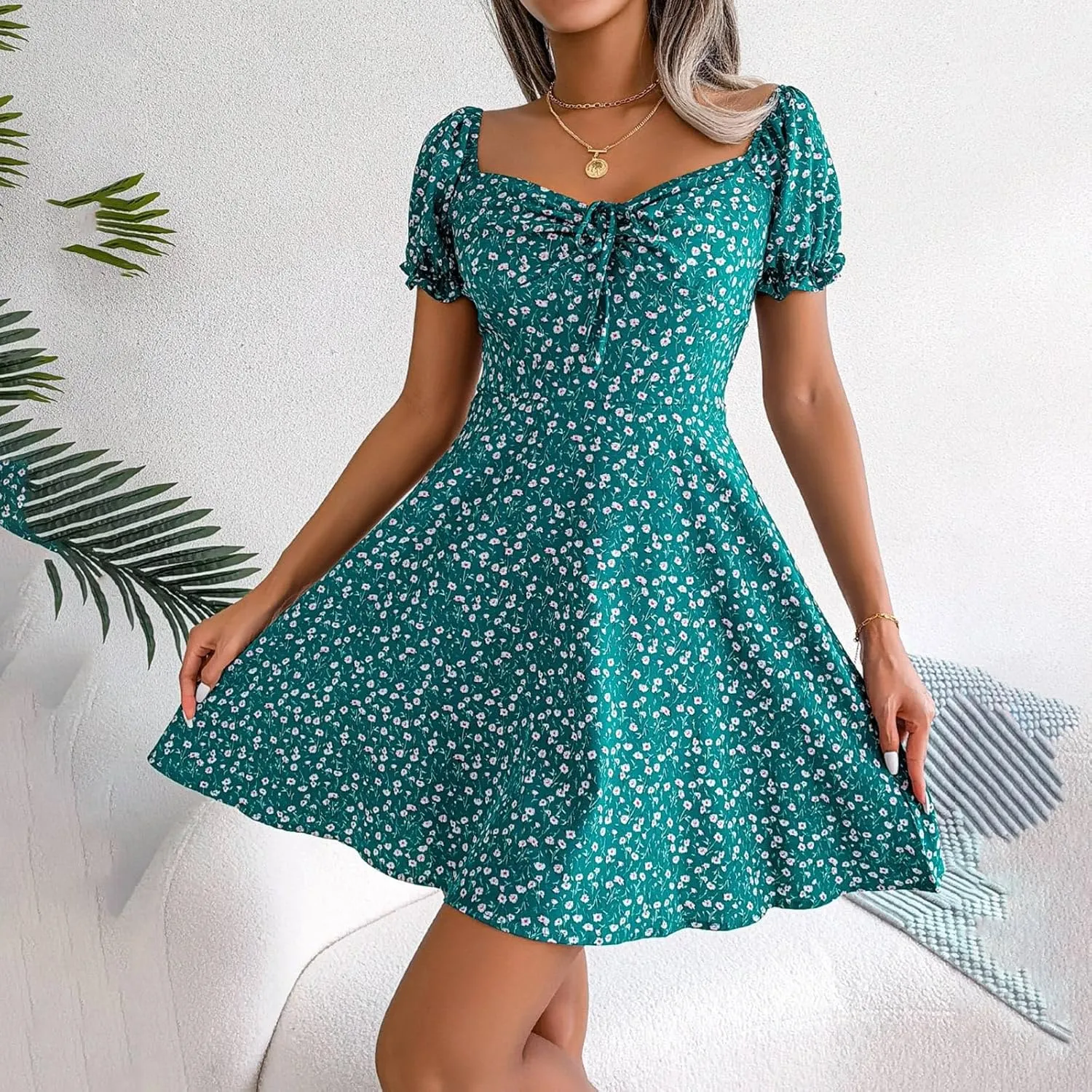 Women's 2024 Summer Floral Boho Dress Square Neck Short Sleeve Ruffle Swing A Line Beach Long Mini Dress