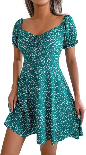 Women's 2024 Summer Floral Boho Dress Square Neck Short Sleeve Ruffle Swing A Line Beach Long Mini Dress