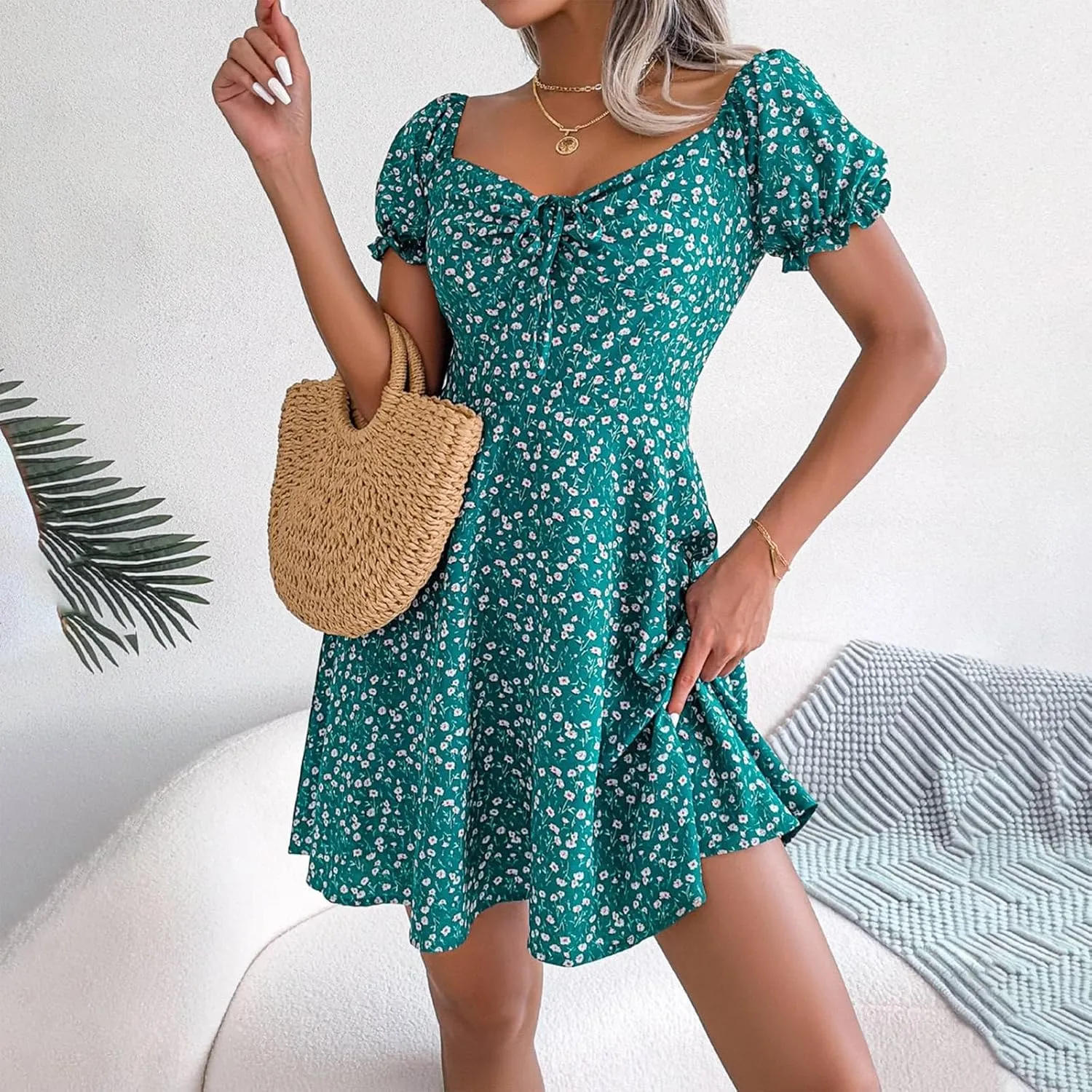 Women's 2024 Summer Floral Boho Dress Square Neck Short Sleeve Ruffle Swing A Line Beach Long Mini Dress