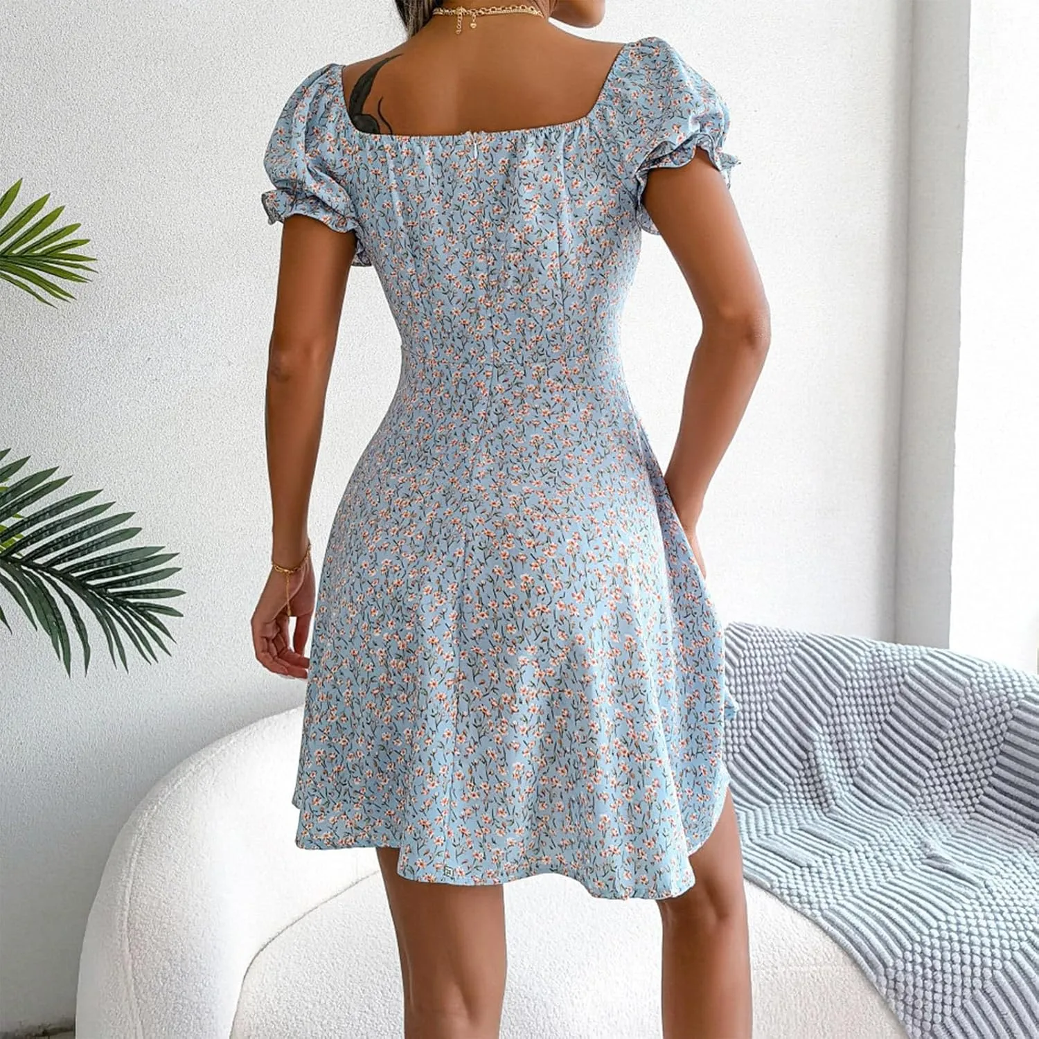 Women's 2024 Summer Floral Boho Dress Square Neck Short Sleeve Ruffle Swing A Line Beach Long Mini Dress