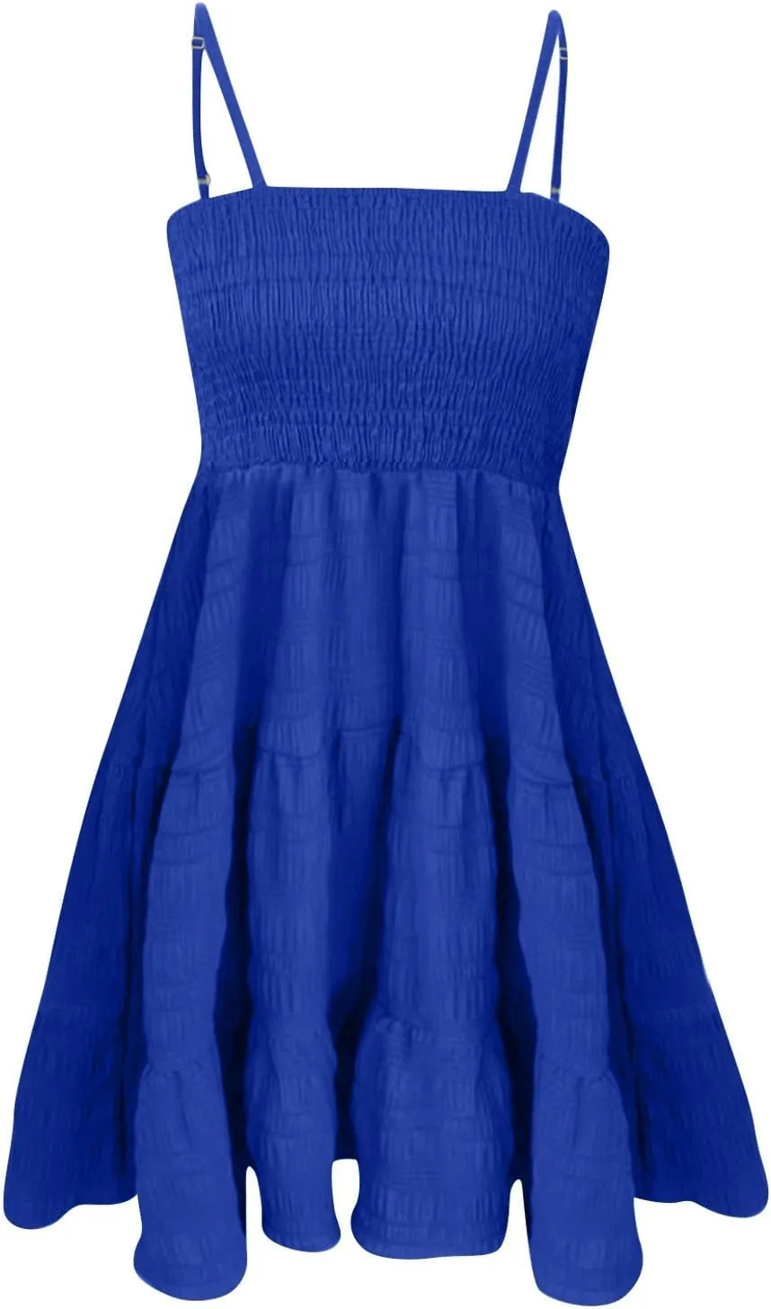 Womens 2024 Summer Flowy Maxi Dress Casual Sleeveless Spaghetti Strap Ruffle A Line Swing Mini Beach Vacation Sundress