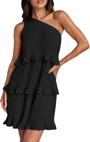 Women's 2024 Summer Sleeveless Mini Dress Boho One Shoulder Ruffle Tiered Layered Chiffon Flowy A Line Dresses