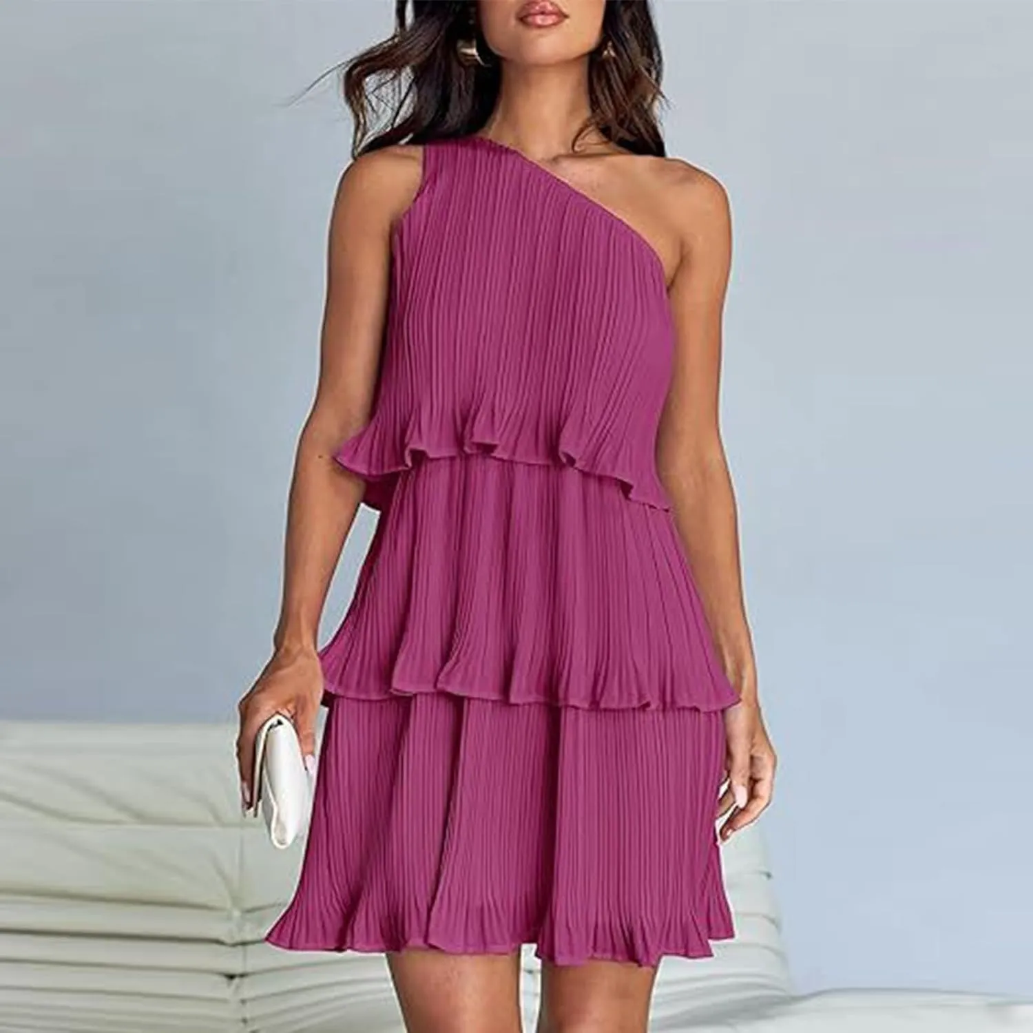 Women's 2024 Summer Sleeveless Mini Dress Boho One Shoulder Ruffle Tiered Layered Chiffon Flowy A Line Dresses