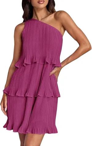 Women's 2024 Summer Sleeveless Mini Dress Boho One Shoulder Ruffle Tiered Layered Chiffon Flowy A Line Dresses