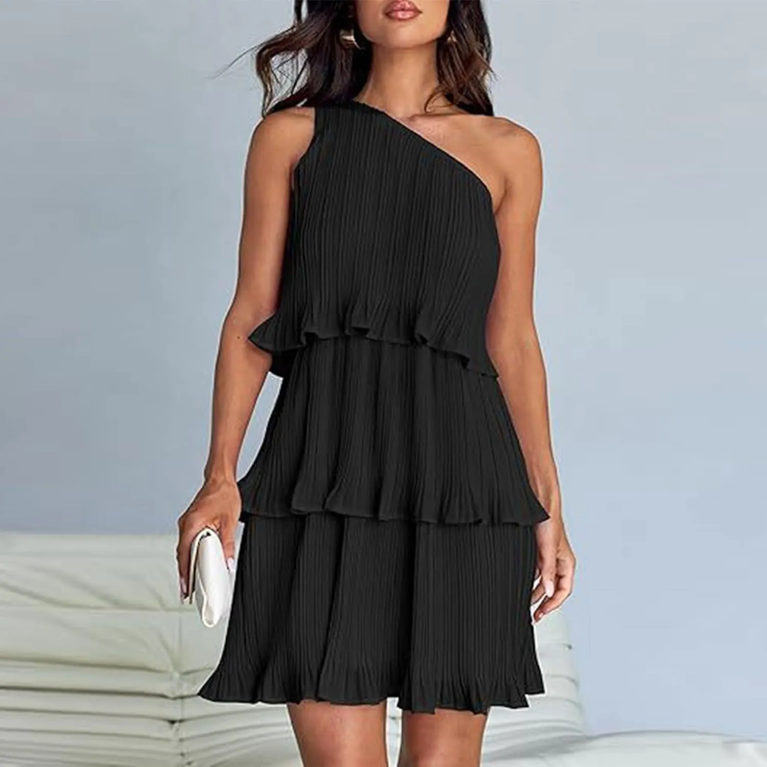 Women's 2024 Summer Sleeveless Mini Dress Boho One Shoulder Ruffle Tiered Layered Chiffon Flowy A Line Dresses