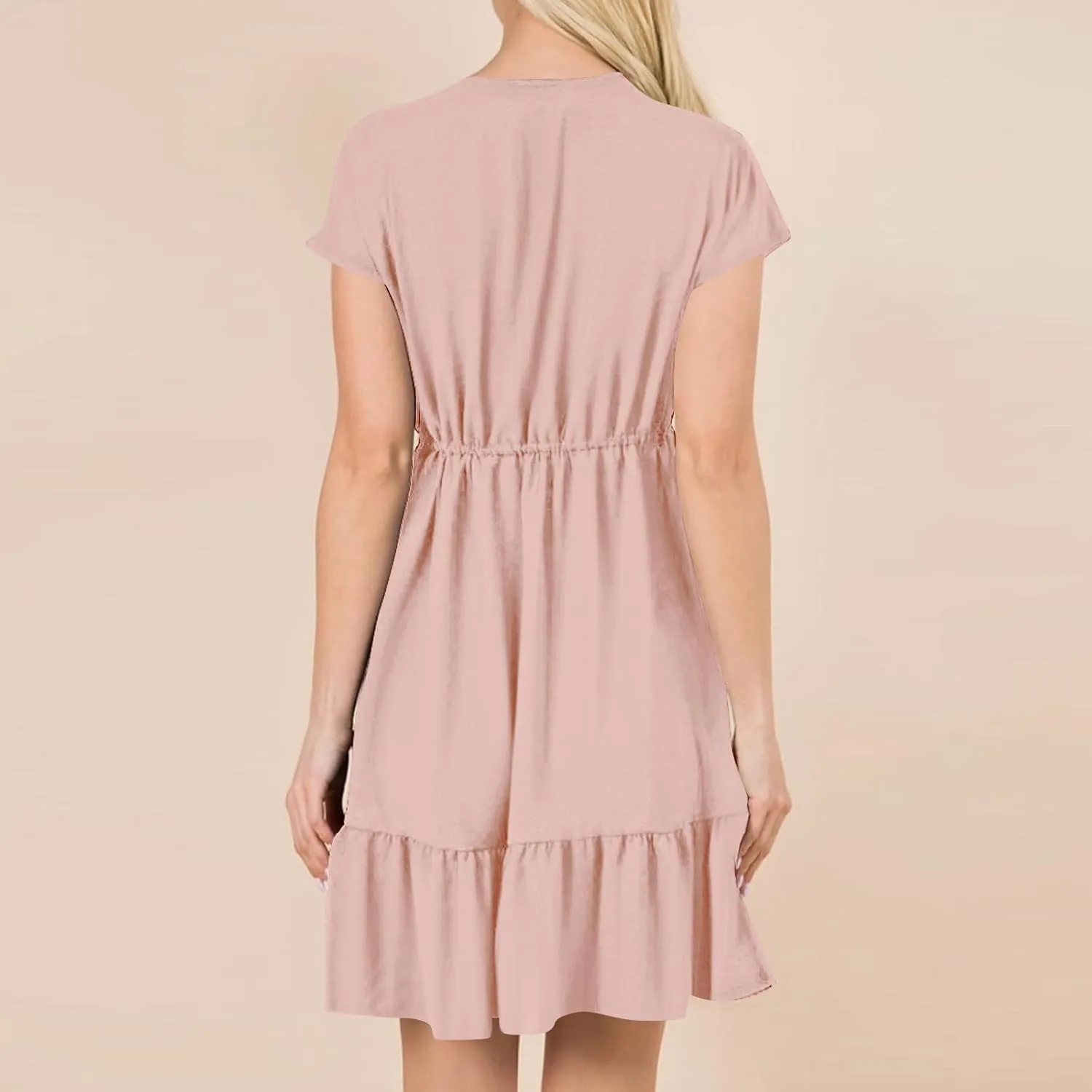 Womens 2024 Summer V-Neck Ruffle Loose Short Sleeve High Waist Mini Dress A Line Swing Mini Beach Vacation Sundress