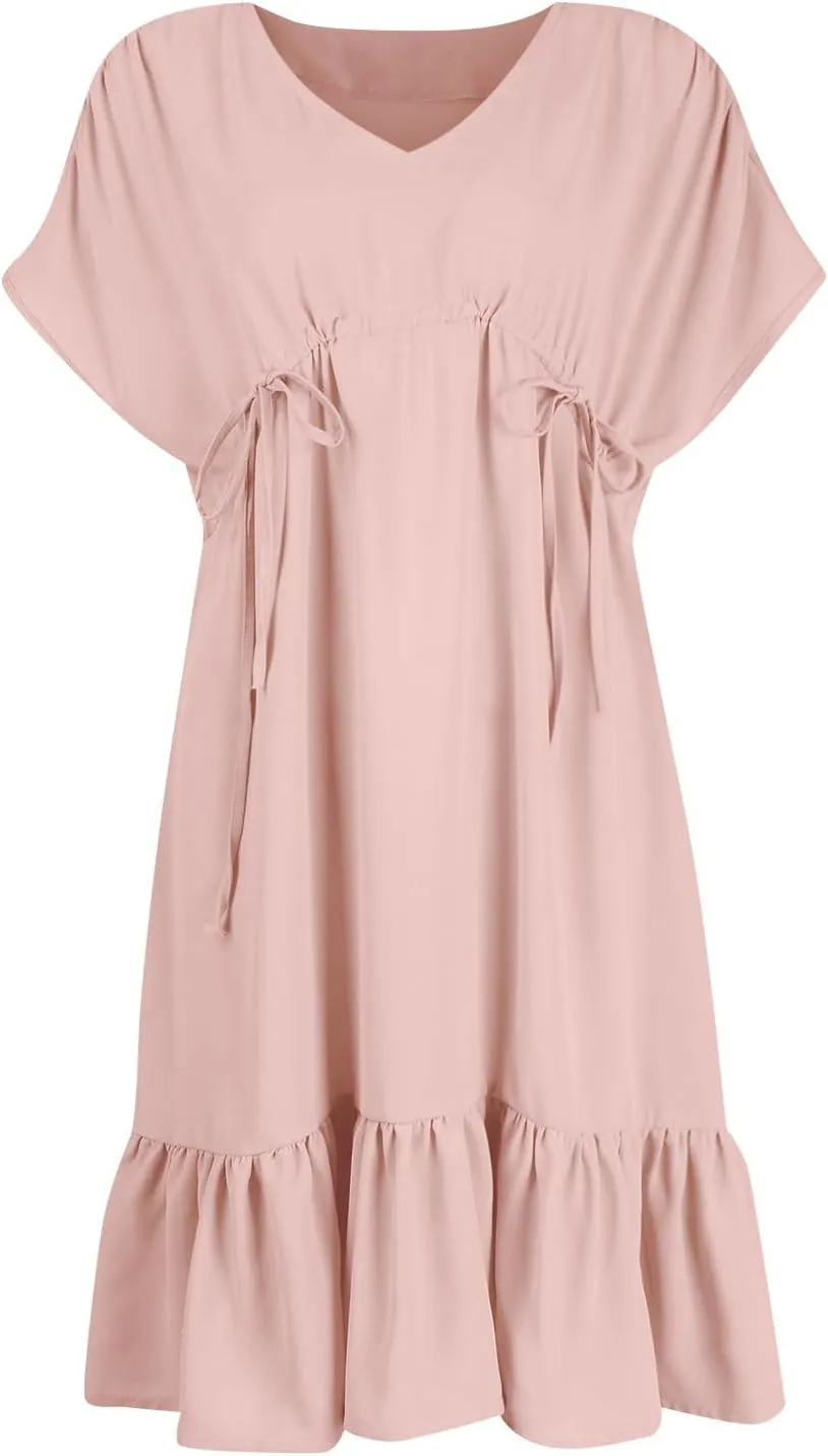 Womens 2024 Summer V-Neck Ruffle Loose Short Sleeve High Waist Mini Dress A Line Swing Mini Beach Vacation Sundress