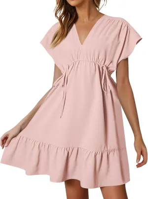 Womens 2024 Summer V-Neck Ruffle Loose Short Sleeve High Waist Mini Dress A Line Swing Mini Beach Vacation Sundress