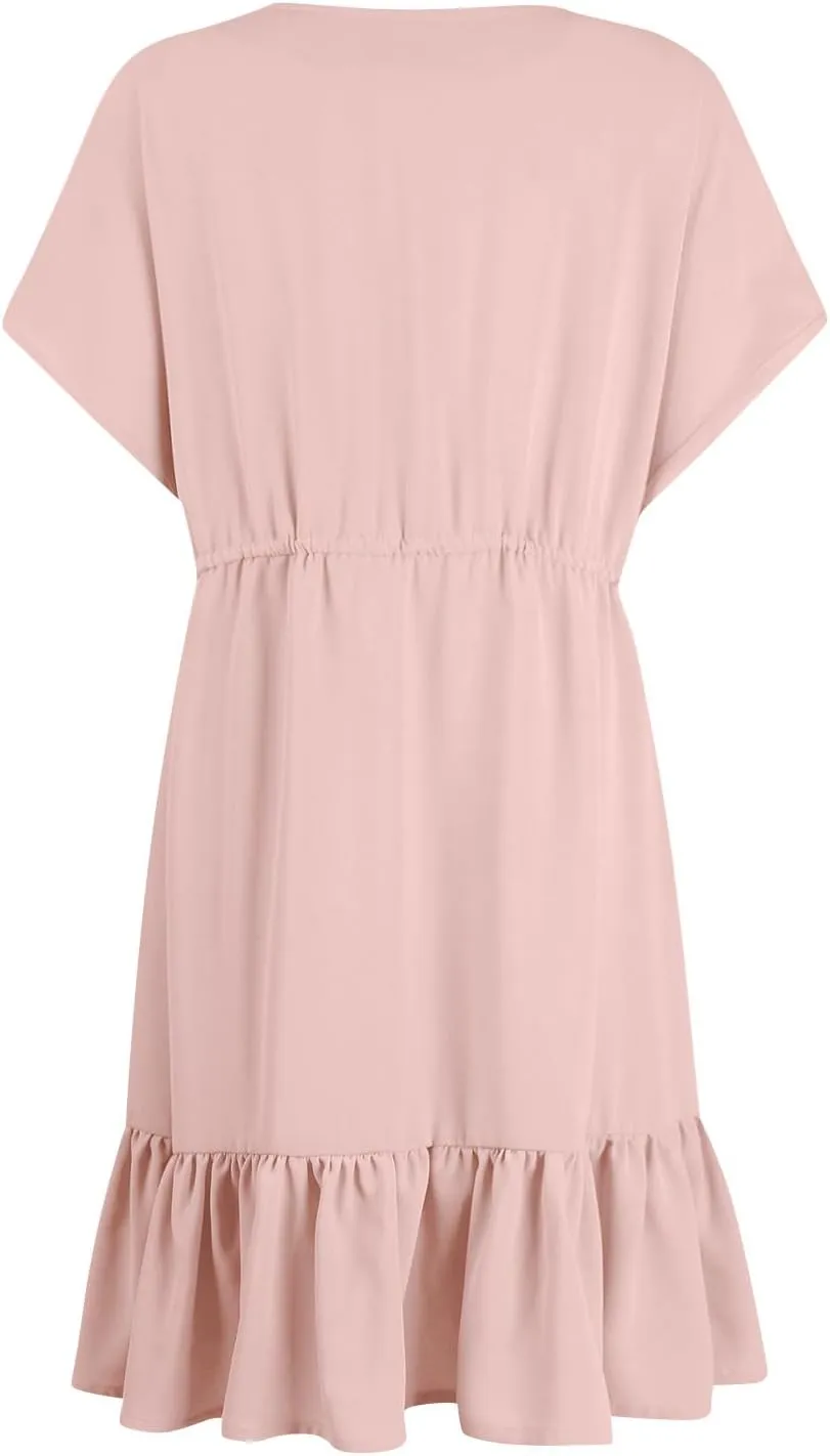 Womens 2024 Summer V-Neck Ruffle Loose Short Sleeve High Waist Mini Dress A Line Swing Mini Beach Vacation Sundress