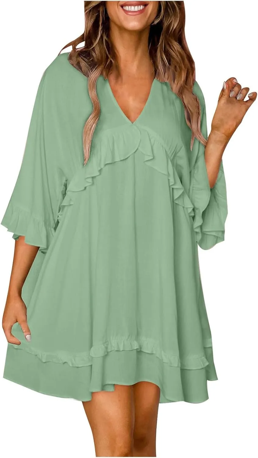 Womens 2024 Summer V-Neck Ruffle Loose Short Sleeve Mini Dress A Line Swing Mini Beach Vacation Sundress