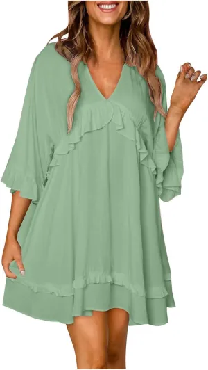Womens 2024 Summer V-Neck Ruffle Loose Short Sleeve Mini Dress A Line Swing Mini Beach Vacation Sundress