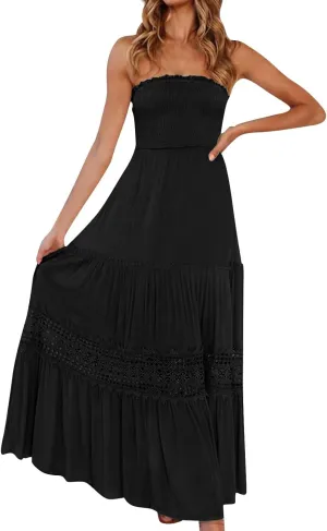 Women's 2025 Summer Bohemian Strapless Off Shoulder Lace Trim Backless Flowy A Line Beach Long Maxi Dress