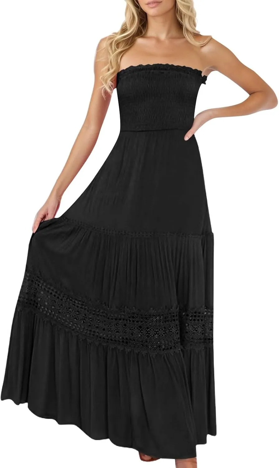 Women's 2025 Summer Bohemian Strapless Off Shoulder Lace Trim Backless Flowy A Line Beach Long Maxi Dress