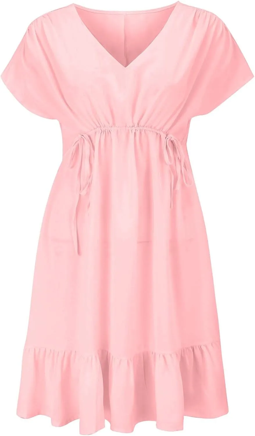 Womens 2025 Summer Short Sleeve V Neck Empire Waist Casual Ruffle A-Line Swing Mini Babydoll Dresses