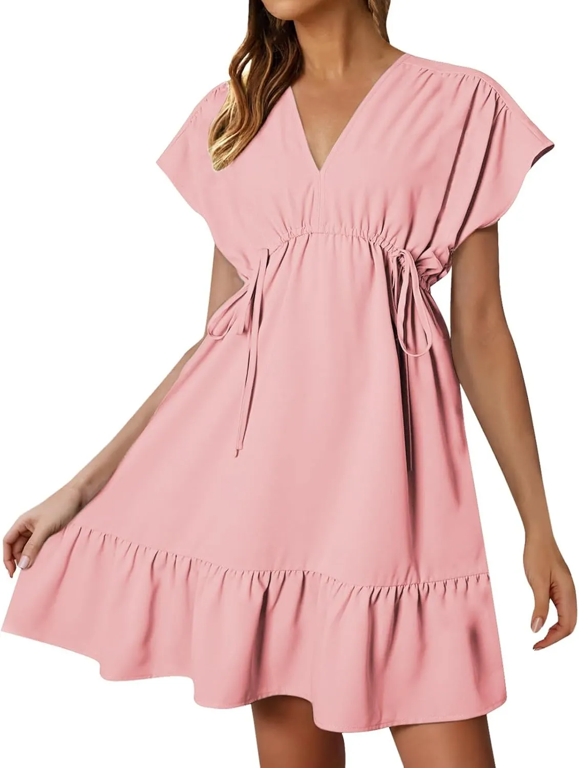 Womens 2025 Summer Short Sleeve V Neck Empire Waist Casual Ruffle A-Line Swing Mini Babydoll Dresses