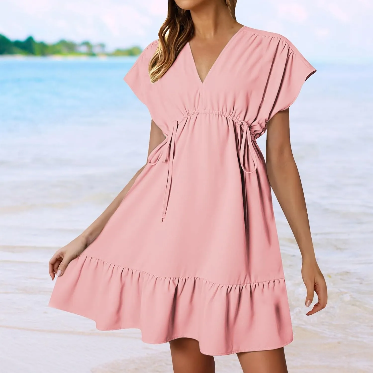 Womens 2025 Summer Short Sleeve V Neck Empire Waist Casual Ruffle A-Line Swing Mini Babydoll Dresses