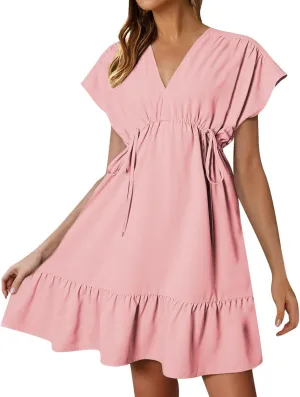 Womens 2025 Summer Short Sleeve V Neck Empire Waist Casual Ruffle A-Line Swing Mini Babydoll Dresses