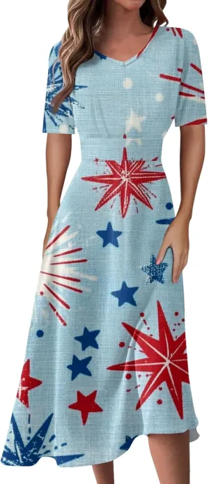 Womens American Flag Dress 4th of July Patriotic Dresses USA Stars Stripes Dresses Sexy V Neck Summer Sundress