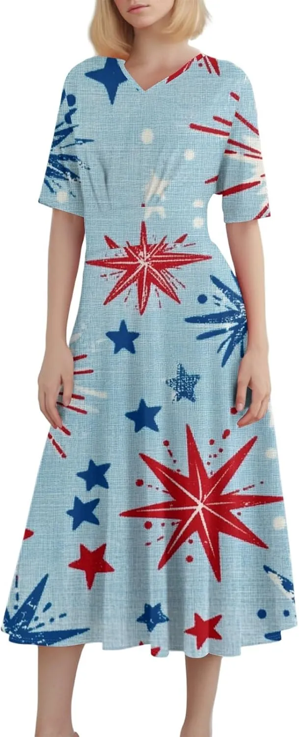 Womens American Flag Dress 4th of July Patriotic Dresses USA Stars Stripes Dresses Sexy V Neck Summer Sundress