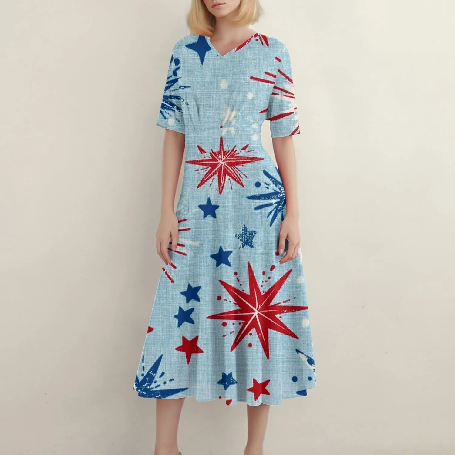 Womens American Flag Dress 4th of July Patriotic Dresses USA Stars Stripes Dresses Sexy V Neck Summer Sundress