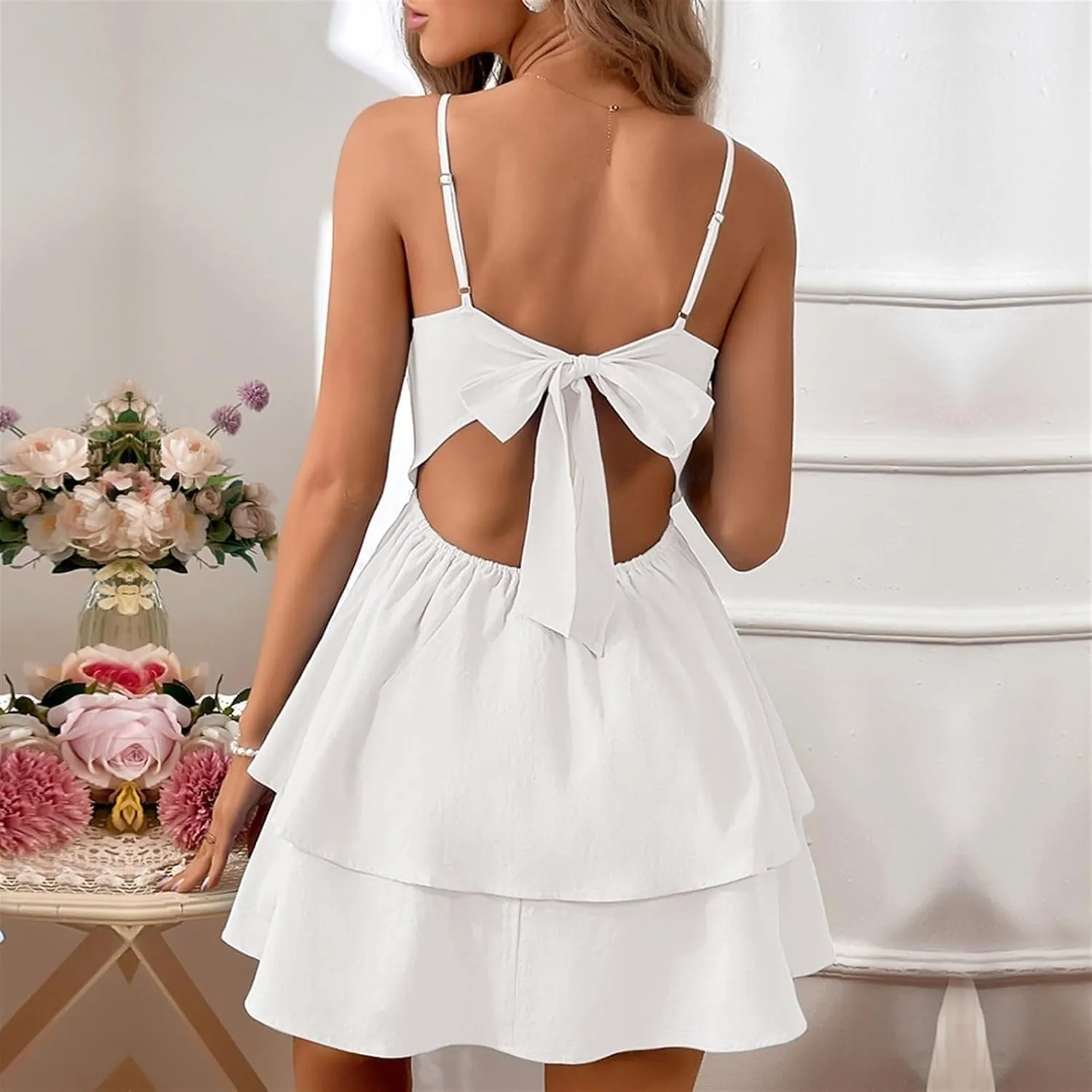 Women's Backless Bow Tie Short Dress Summer Models Sexy Halter Dresses Graduation Dress for Women