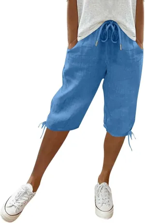 Womens Bermuda Shorts Cotton Linen Knee Length Elastic Waist Drawstring Capris Loose Beach Shorts with Pockets