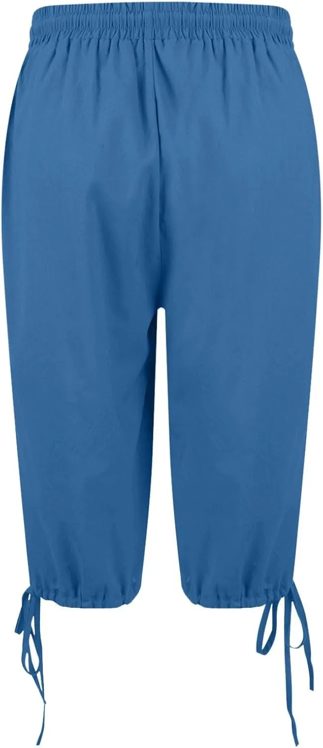 Womens Bermuda Shorts Cotton Linen Knee Length Elastic Waist Drawstring Capris Loose Beach Shorts with Pockets