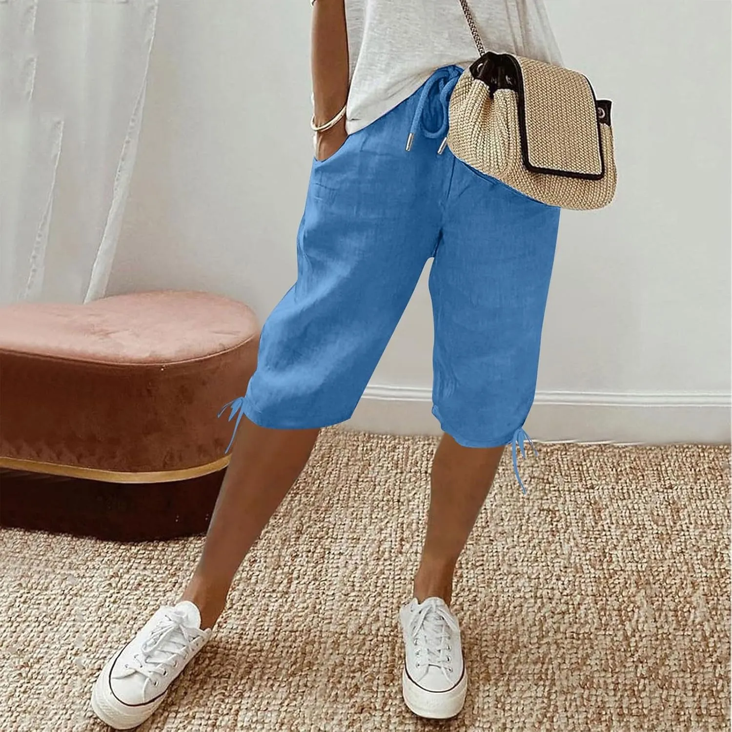 Womens Bermuda Shorts Cotton Linen Knee Length Elastic Waist Drawstring Capris Loose Beach Shorts with Pockets