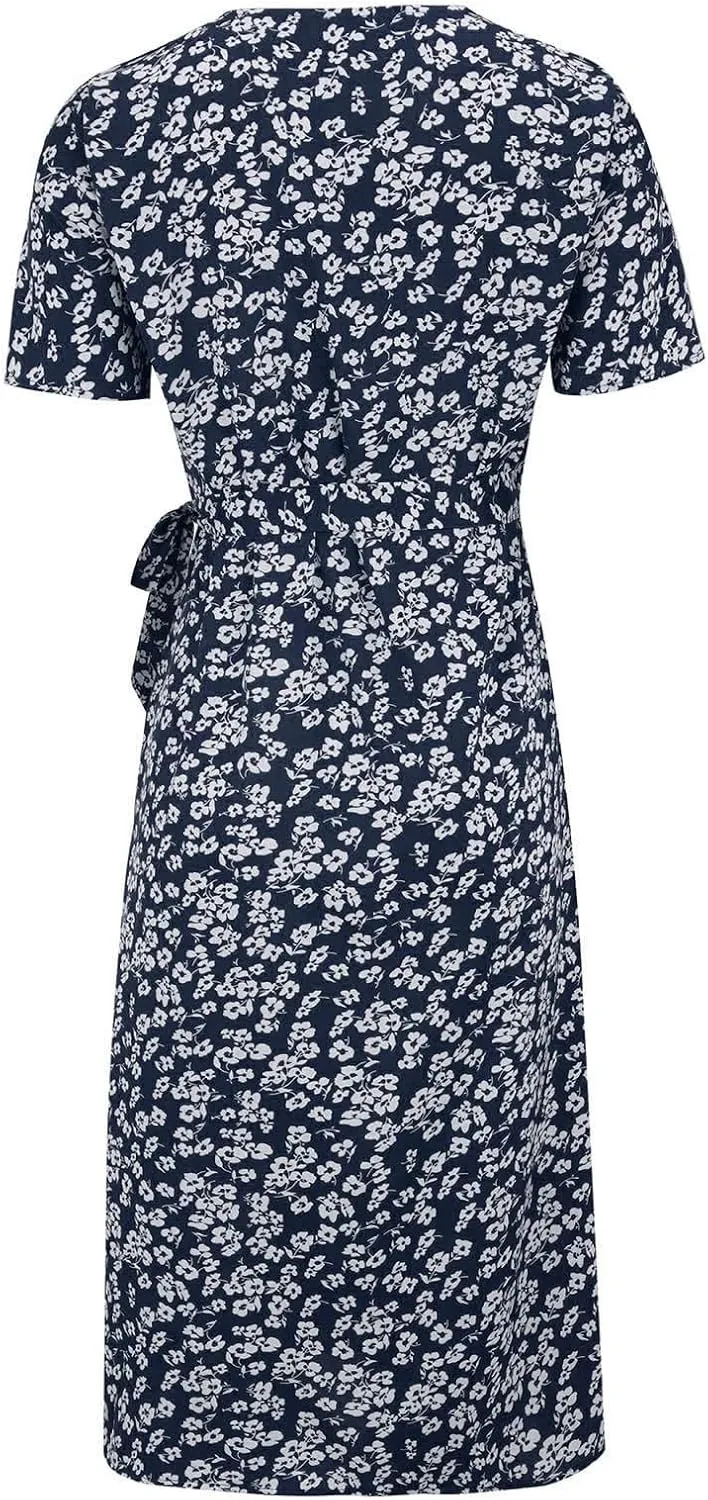 Womens Boho Floral Printed Chiffon Tiered Flowy Dresses Elegant V Neck Belted Summer Wedding Prom Cocktail Midi Dress