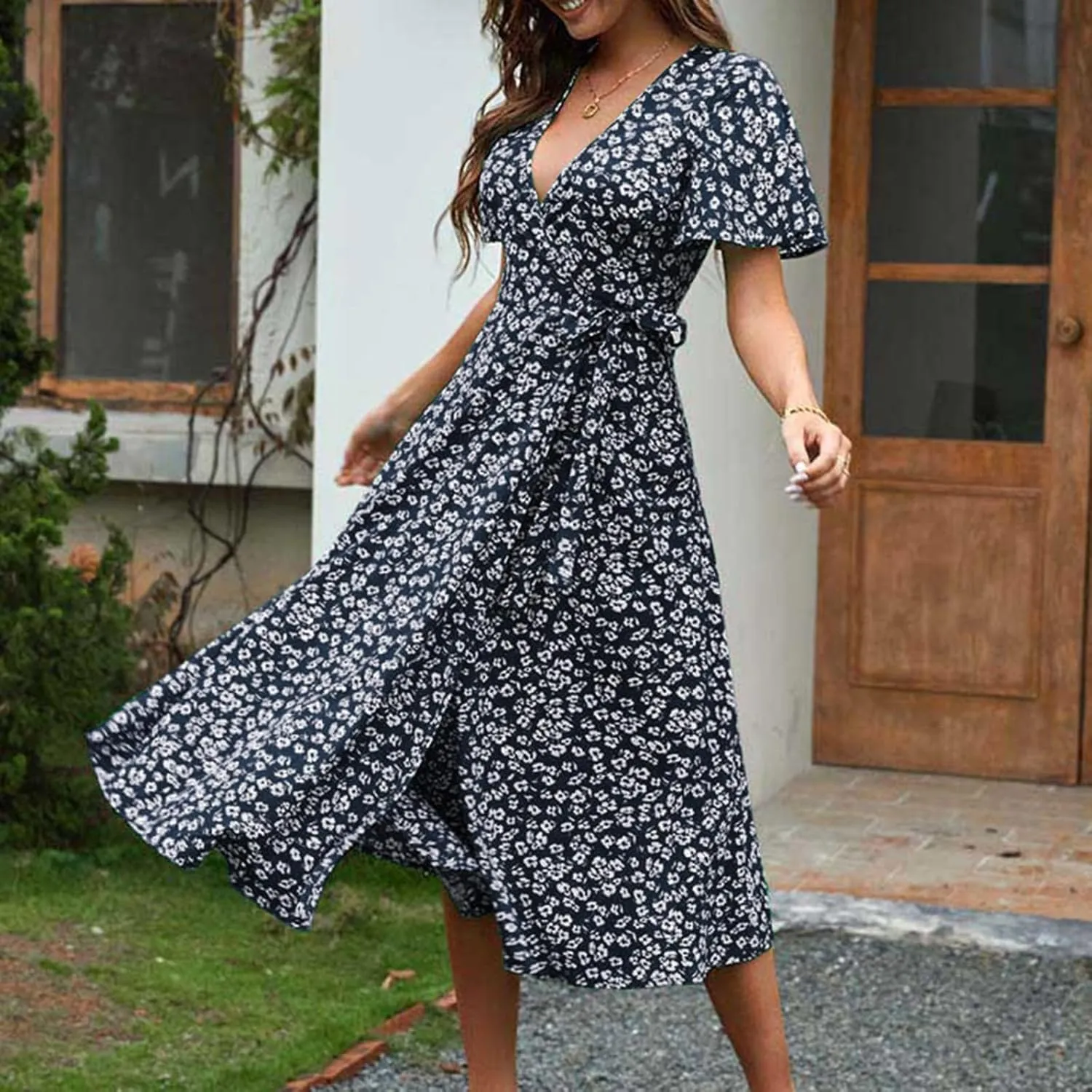 Womens Boho Floral Printed Chiffon Tiered Flowy Dresses Elegant V Neck Belted Summer Wedding Prom Cocktail Midi Dress