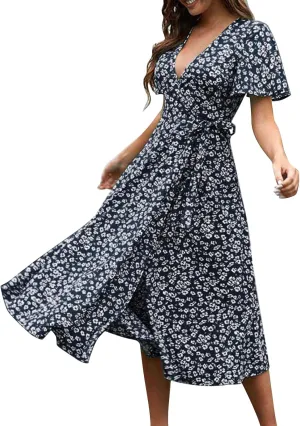 Womens Boho Floral Printed Chiffon Tiered Flowy Dresses Elegant V Neck Belted Summer Wedding Prom Cocktail Midi Dress