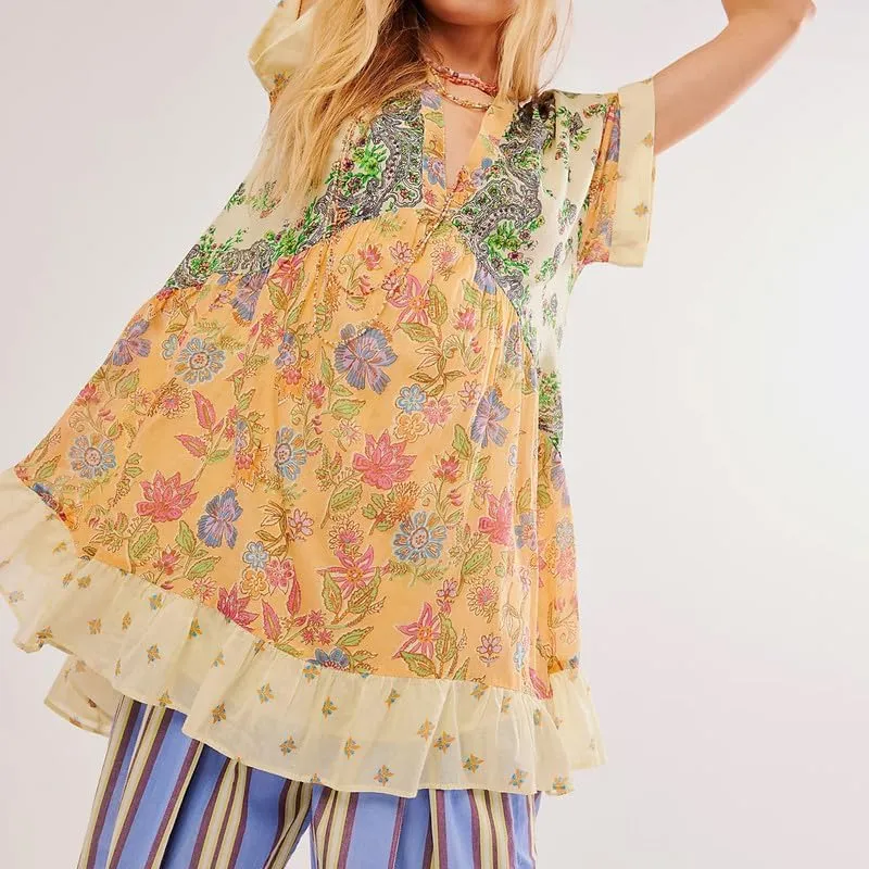 Womens Boho Mini Dress Y2k Floral Deep V-Neck Puff Sleeve Short Dresses Summer Causal Flowy Beach Sundress