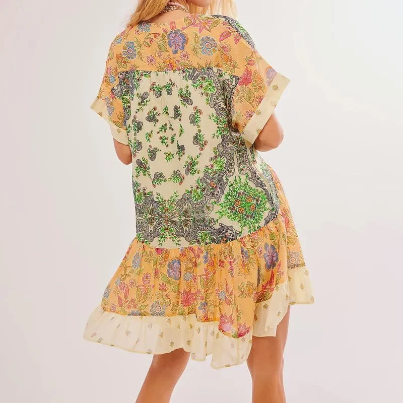 Womens Boho Mini Dress Y2k Floral Deep V-Neck Puff Sleeve Short Dresses Summer Causal Flowy Beach Sundress