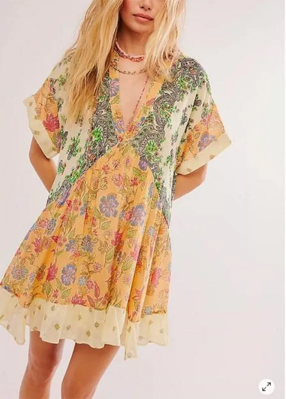 Womens Boho Mini Dress Y2k Floral Deep V-Neck Puff Sleeve Short Dresses Summer Causal Flowy Beach Sundress
