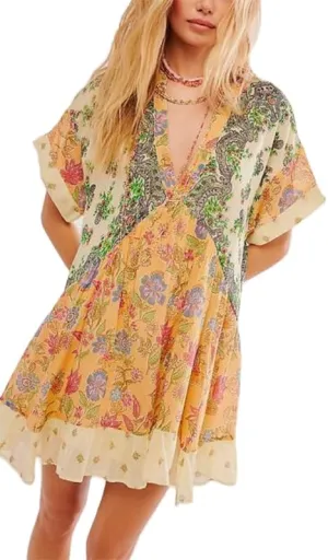 Womens Boho Mini Dress Y2k Floral Deep V-Neck Puff Sleeve Short Dresses Summer Causal Flowy Beach Sundress