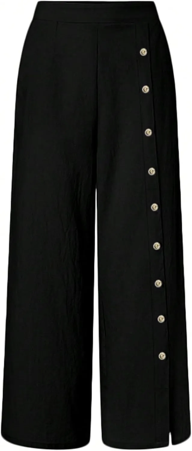 Women's Button Detail Wide Leg Long Palazzo Pants Business Work Office Pants Elastic High Waist Trousers with Pockets