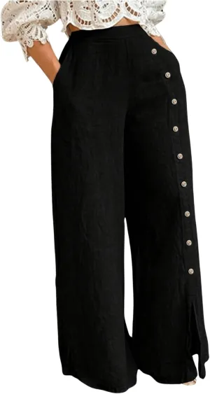 Women's Button Detail Wide Leg Long Palazzo Pants Business Work Office Pants Elastic High Waist Trousers with Pockets