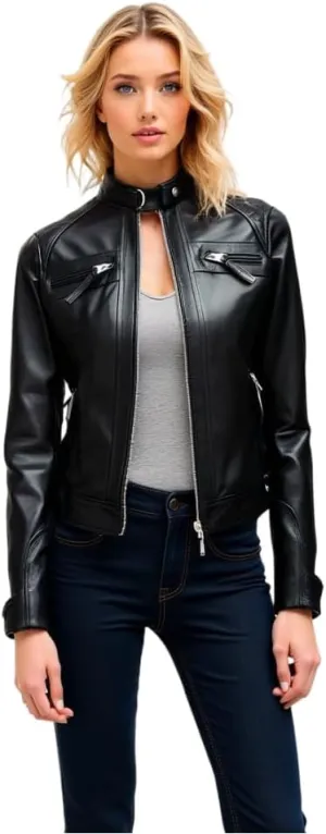 Womens Cafe Racer Trending Fashion Motorcycle Real Lambskin Leather Jacket - Ladies Casual Biker Jacket