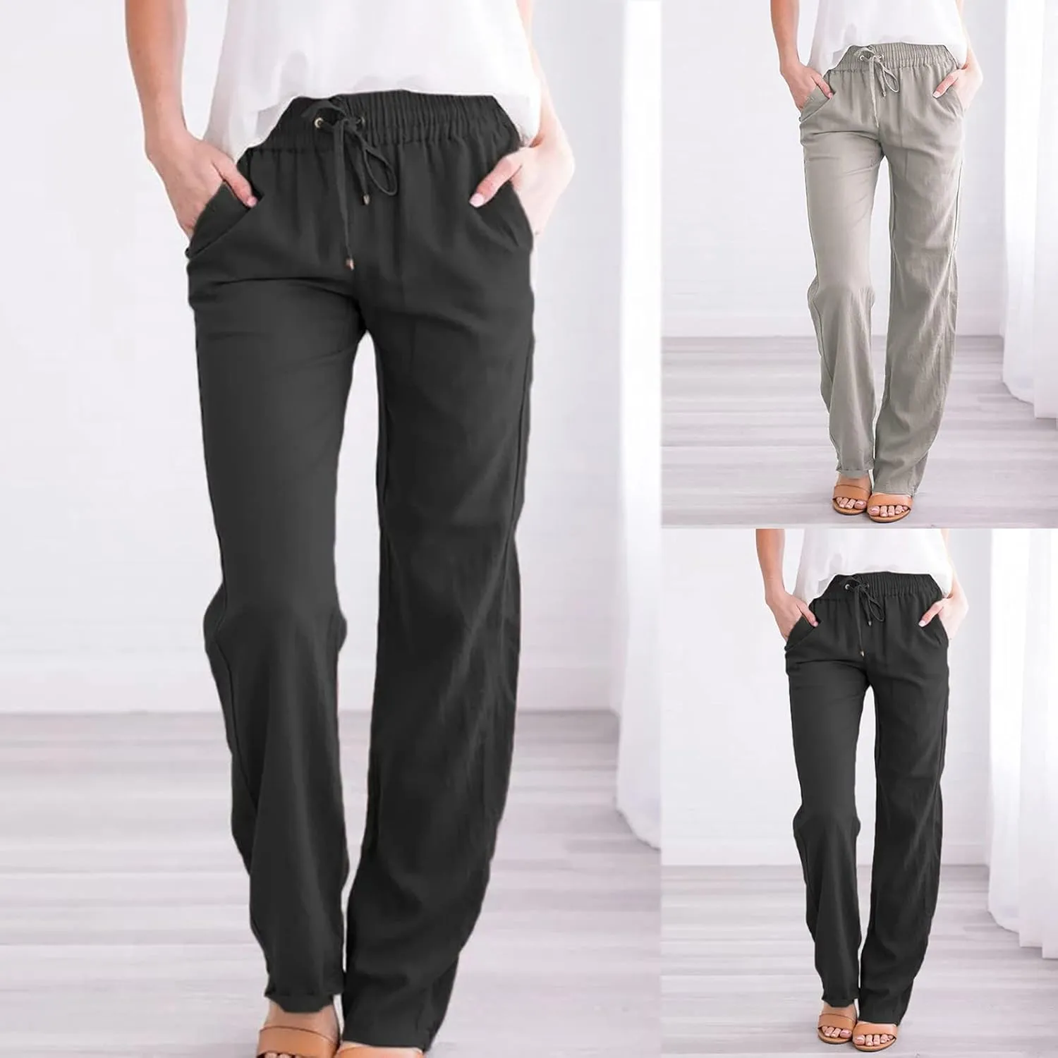 Women's Casual Cotton Linen Pants Summer Relax Fit Elastic Waist Straight Leg Slacks Comfy Solid Lounge Long Trousers