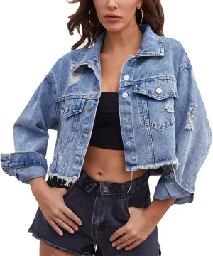 Women's Casual Cropped Denim Jacket Western Basic Lapel Button Up Long Sleeve Trucker Jean Jacket Biker Coat Tops