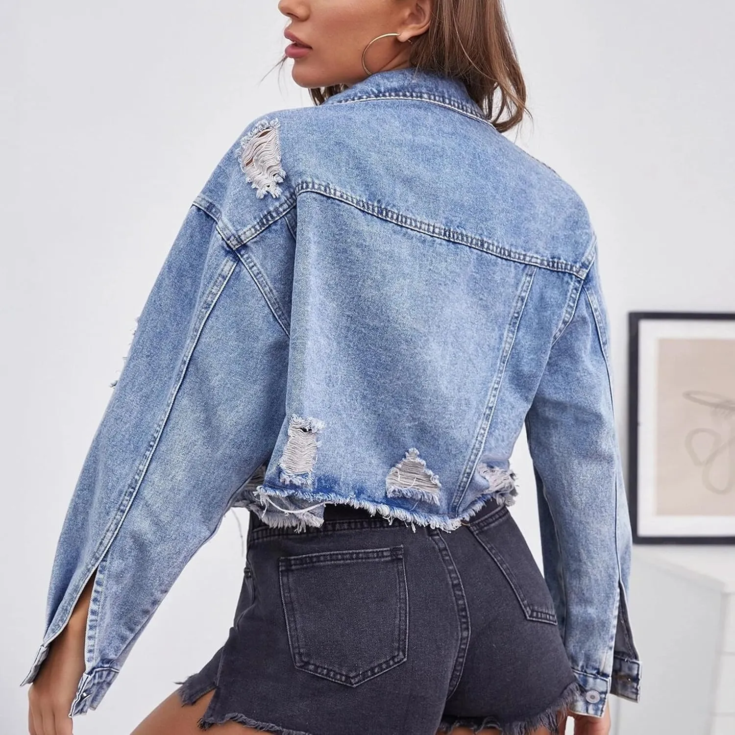 Women's Casual Cropped Denim Jacket Western Basic Lapel Button Up Long Sleeve Trucker Jean Jacket Biker Coat Tops