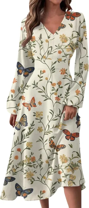 Women's Casual Fashion V-Neck Long Sleeve Floral Print Long Dress Fashion
