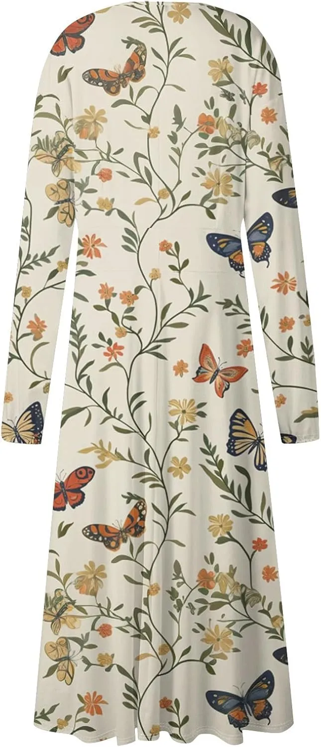 Women's Casual Fashion V-Neck Long Sleeve Floral Print Long Dress Fashion