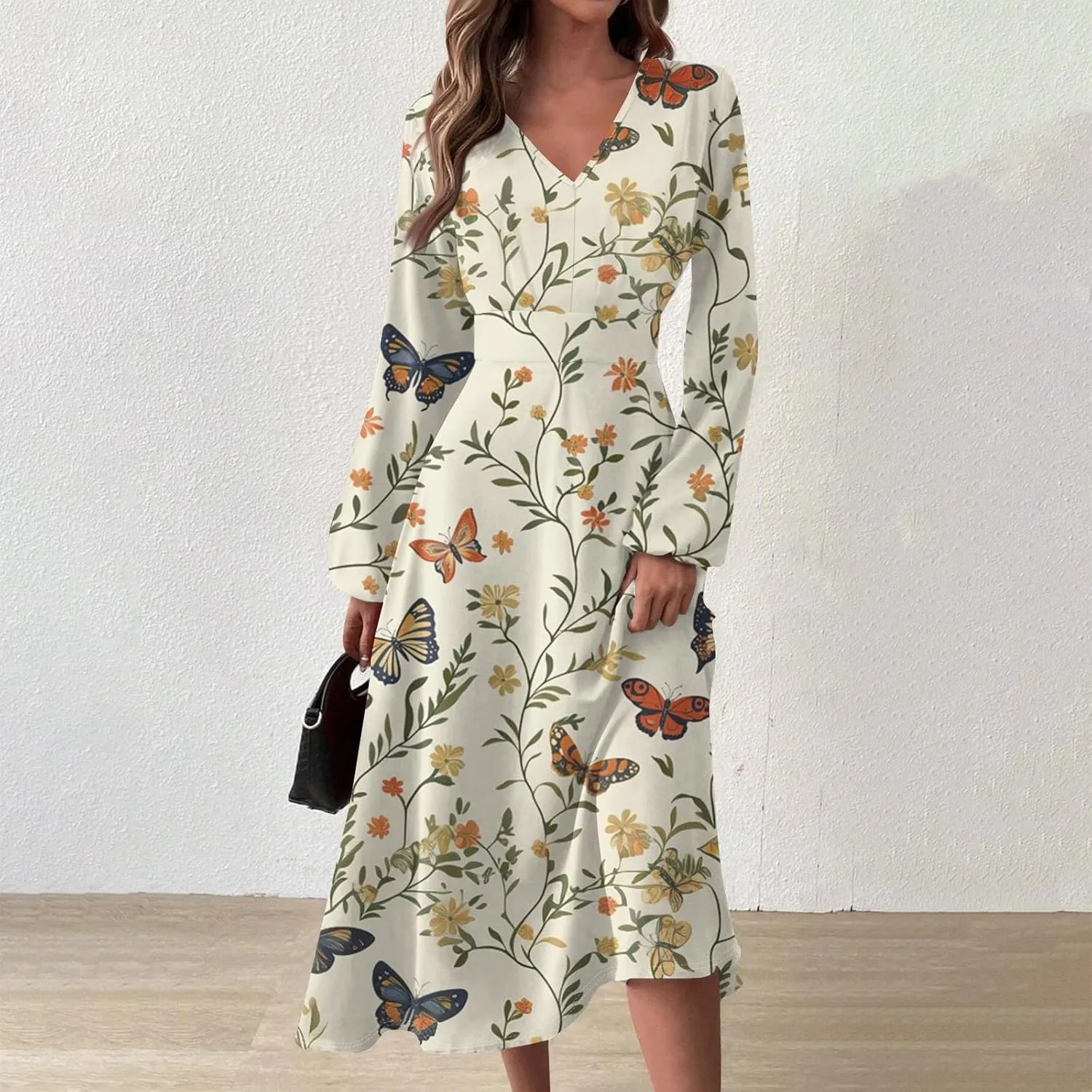 Women's Casual Fashion V-Neck Long Sleeve Floral Print Long Dress Fashion