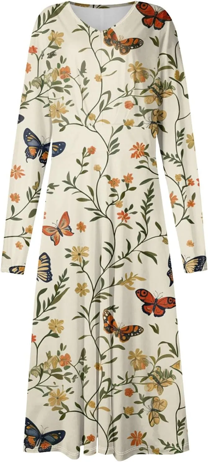 Women's Casual Fashion V-Neck Long Sleeve Floral Print Long Dress Fashion