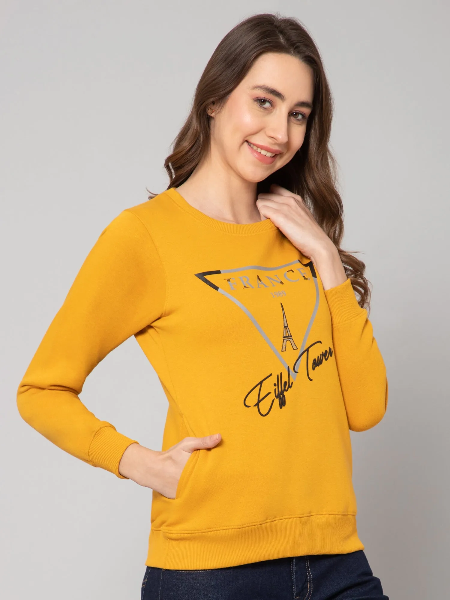 Women's Casual  Mustard Regular Full Sleeve Pullover Sweatshirt