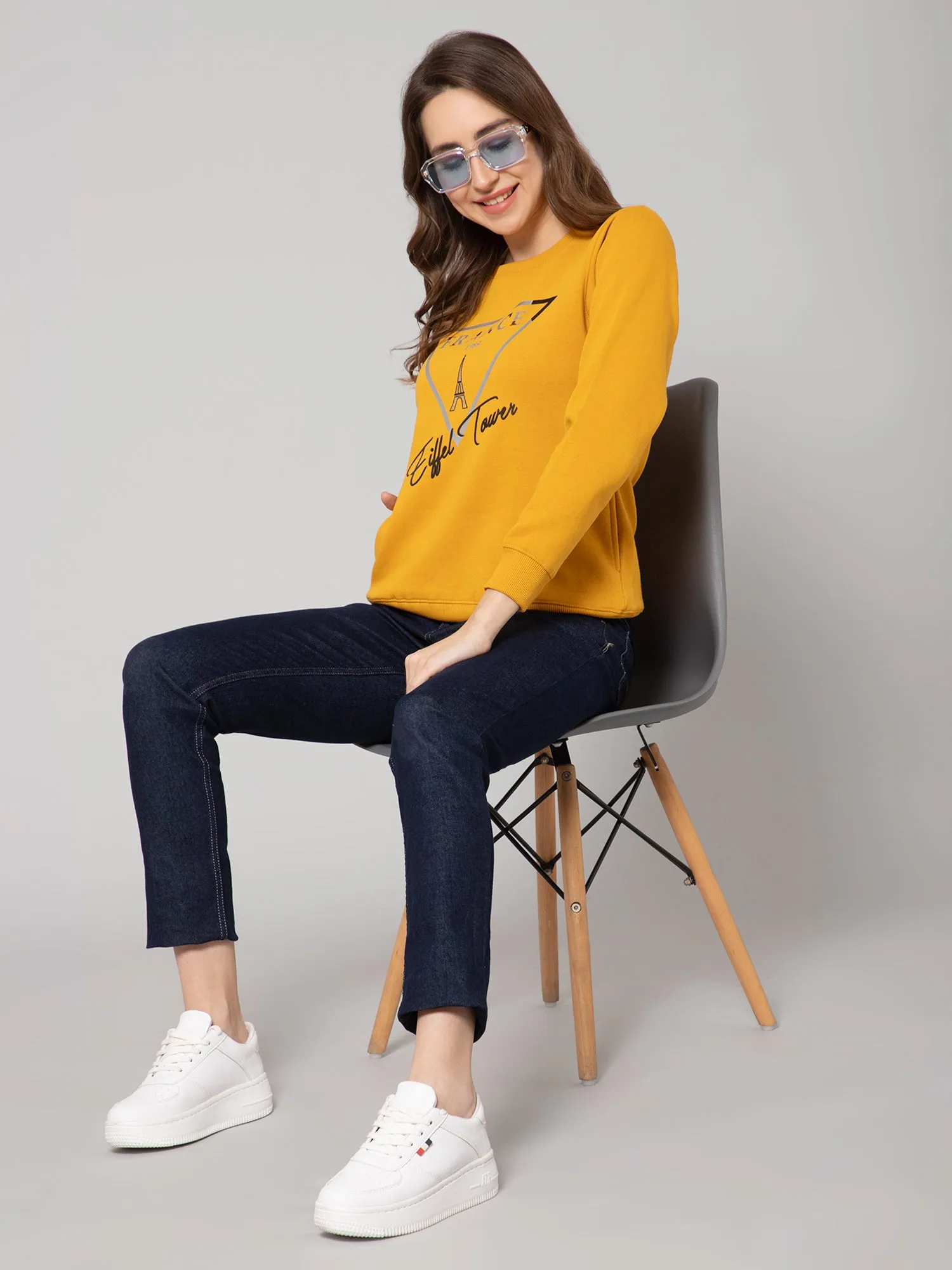 Women's Casual  Mustard Regular Full Sleeve Pullover Sweatshirt