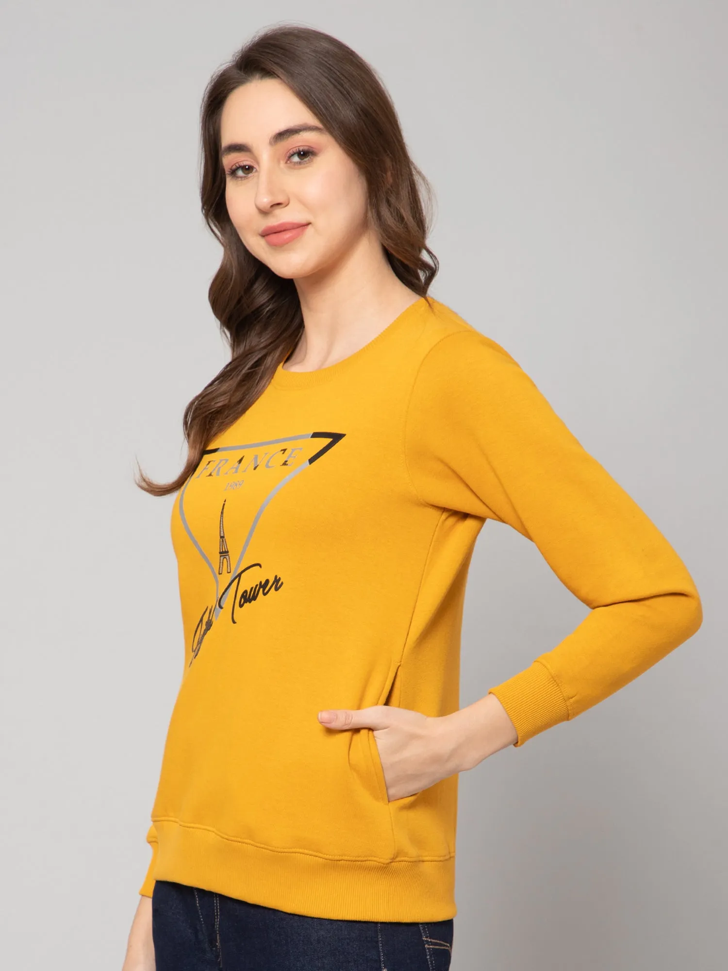 Women's Casual  Mustard Regular Full Sleeve Pullover Sweatshirt