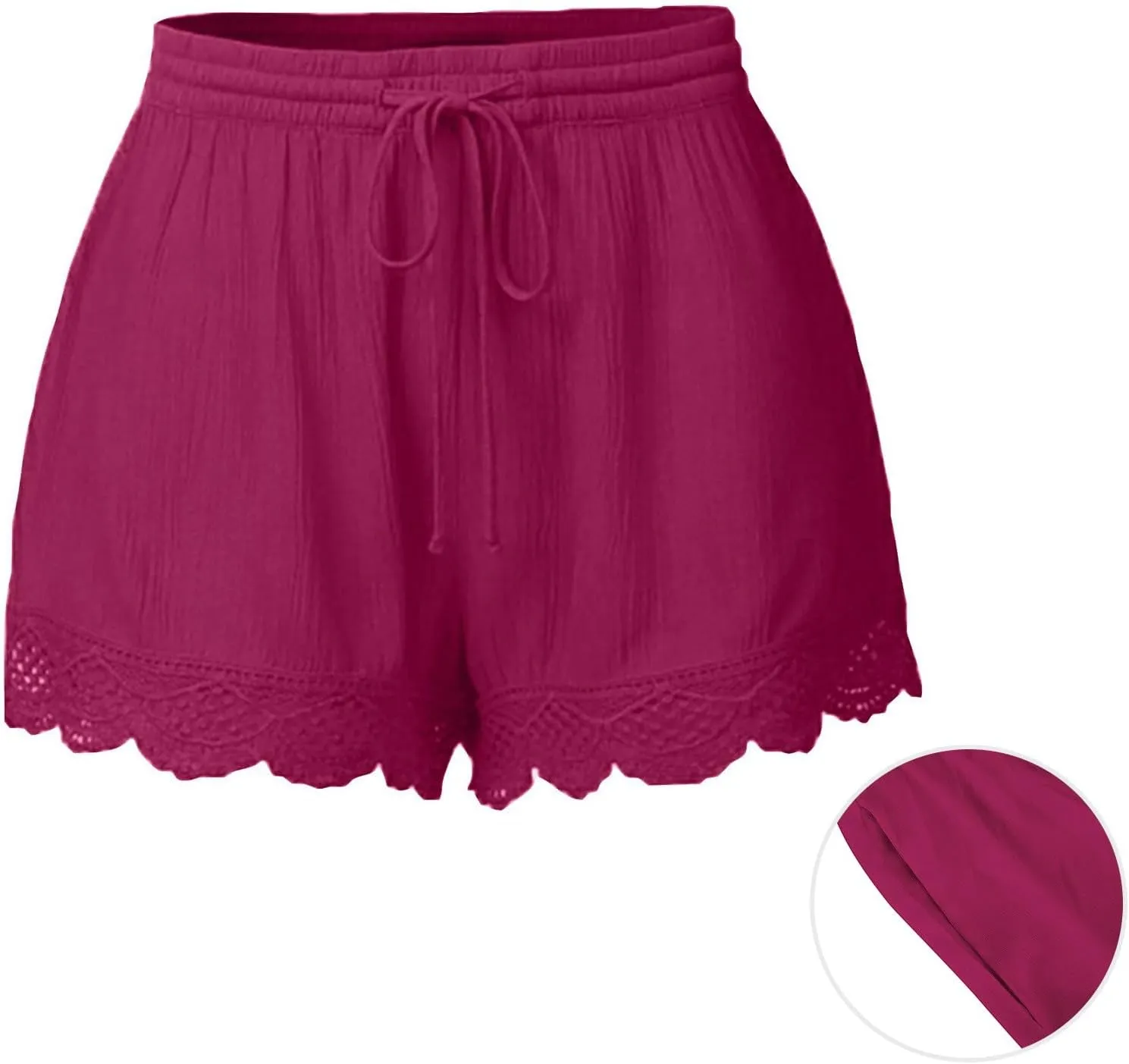 Women's Casual Shorts with Pockets Lace Trim Front Pleated Drawstring Stylish Comfortable Loose Fitting Summer Pants