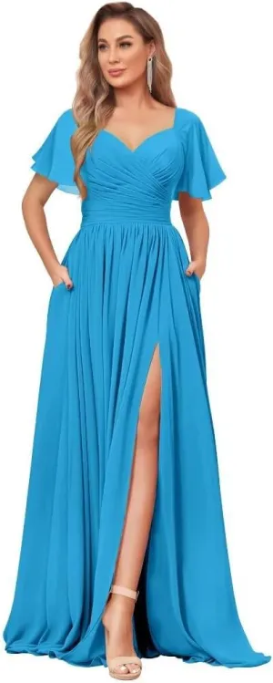 Women's Chiffon Flutter Sleeve Bridesmaid Dress Long with Slit V-Neck Pleated Formal Evening Party Gowns
